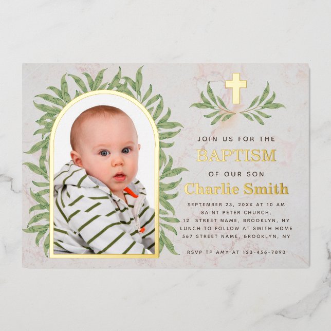 Baptism Photo Greenery Gold Arch Green Leaves (Front)
