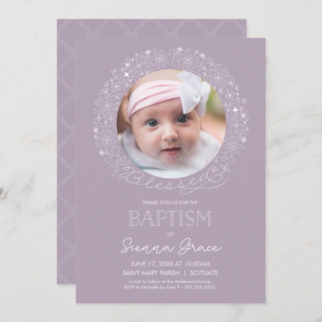 Baptism Photo Invitation, Baby Girl Picture Invite (Front/Back)
