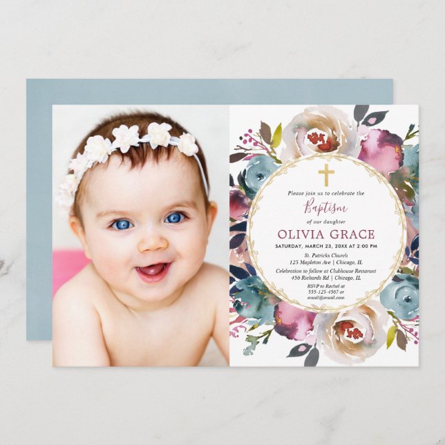 Baptism photo invitation Navy blue burgundy merlot (Front/Back)