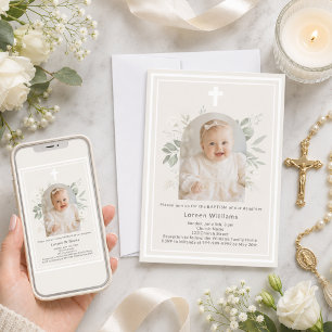 Baptism Photo ivory beige florals arch girl Invitation