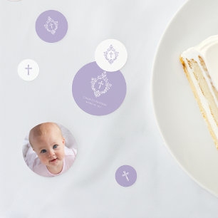 Baptism Photo Lavender Purple White Cross in Crest Confetti