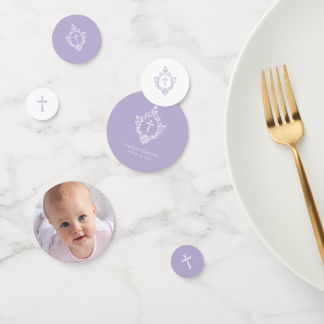 Baptism Photo Lavender Purple White Cross in Crest Confetti (Group)