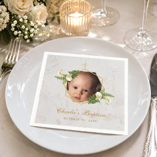 Baptism Photo Marble Floral Calla Lilies Gold  Napkin