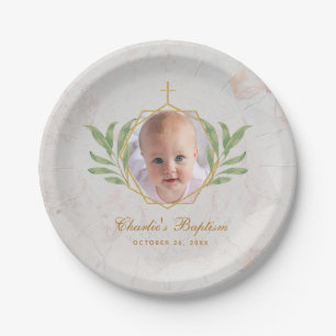 Baptism Photo Marble Leaves Botanical Geometric Paper Plate