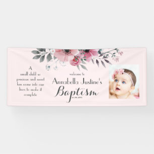 BAPTISM Photo Pretty Pink Grey Floral Event Party Banner