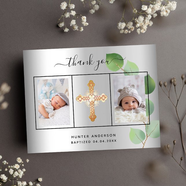 Baptism photo silver eucalyptus thank you card (Creator Uploaded)
