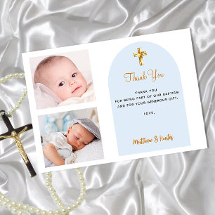 Baptism photo twins blue boys thank you card