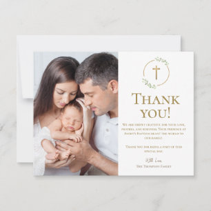 Baptism Photo watercolor wreath gold cross Thank You Card