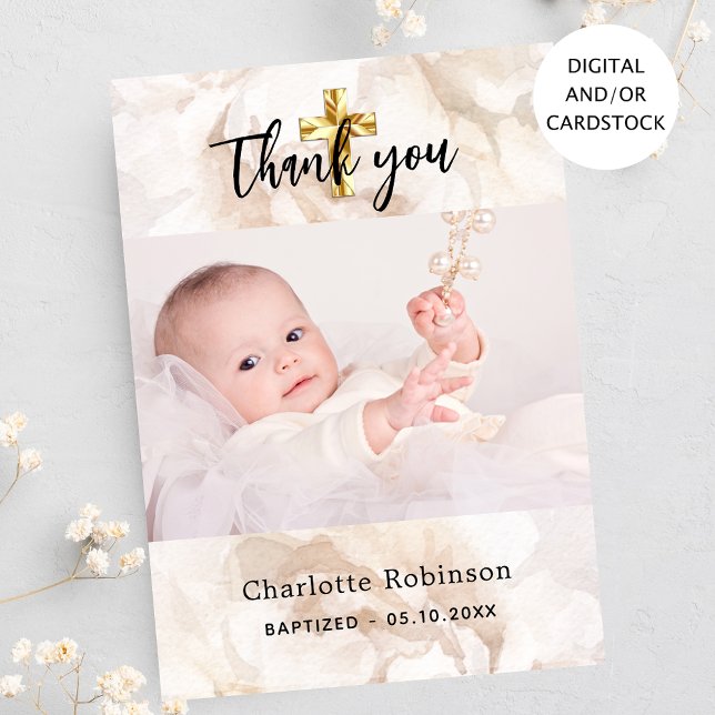 Baptism photo white floral thank you card (Creator Uploaded)