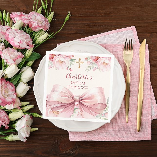 Baptism pink bow cream florals napkin (Creator Uploaded)