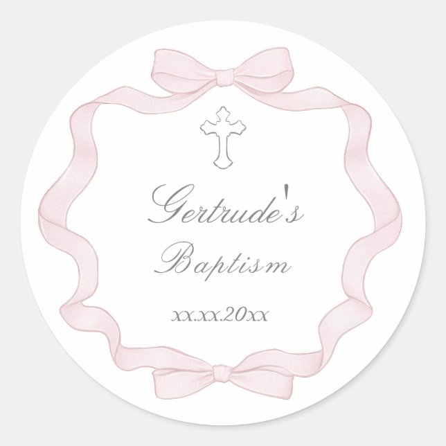 Baptism pink bow frame classic round sticker (Front)