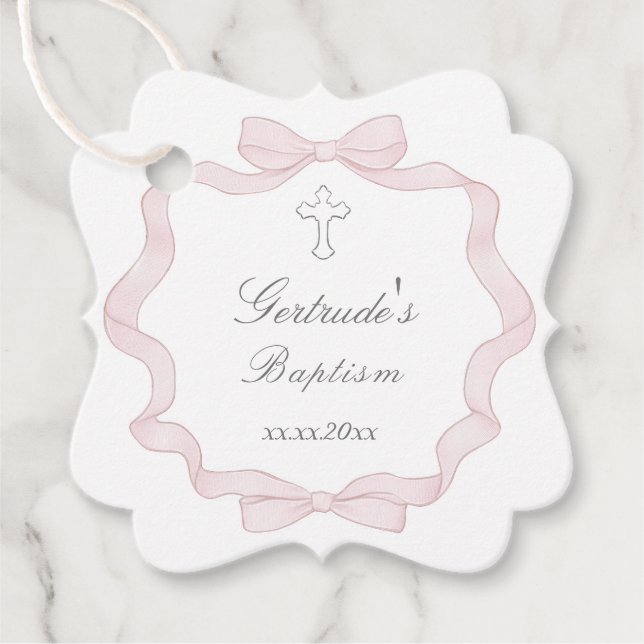 Baptism pink bow frame favour tags (Front)