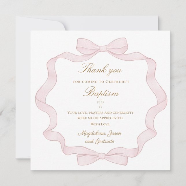 Baptism pink bow frame thank you mini  card (Front)