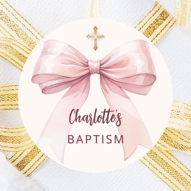 Baptism pink bow girl cross cream peach classic round sticker (Creator Uploaded)