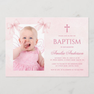 Baptism Pink Bow Girl Photo Watercolor Christening Invitation