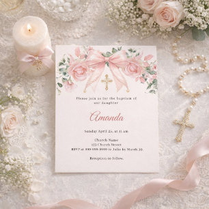Baptism Pink Bow Ivory Florals Cross Invitation