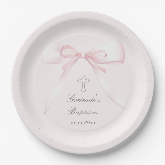 Baptism pink bow paper plate (Front)
