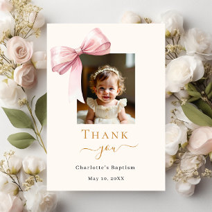 Baptism pink bow photo cream girl thank you card