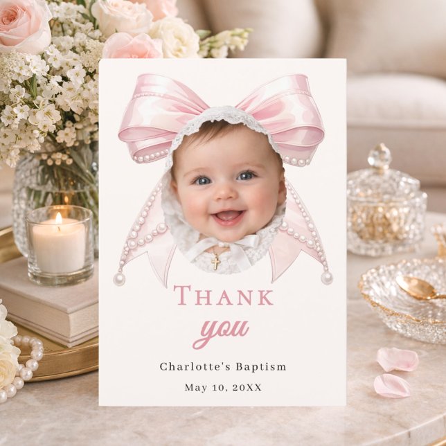 Baptism pink bow photo ivory pearls girl thank you card (Creator Uploaded)