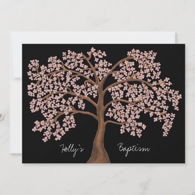 Baptism Pink Cherry Blossom Tree Painting Invitation (Front)