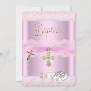Baptism Pink Cross Girl Lace Christening 2a Invitation