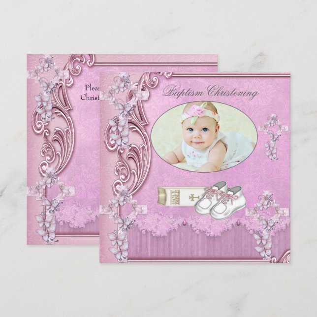 Baptism Pink Cross Girl Photo christening 2 Invitation (Front/Back)