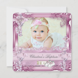 Baptism Pink Cross Girl Photo christening Floral Invitation