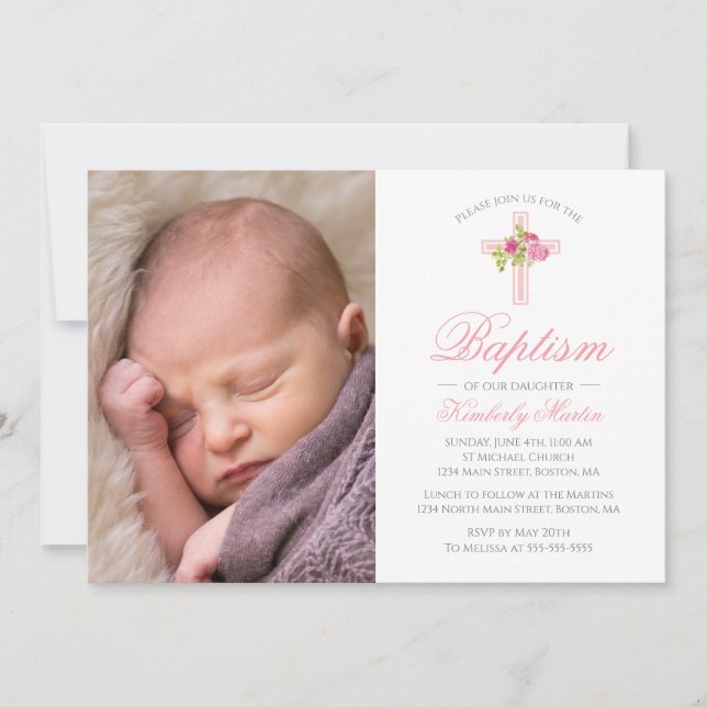 Baptism Pink Cross with Roses Floral Photo Invitation (Front)