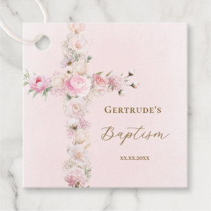 Baptism pink floral cross favour tags