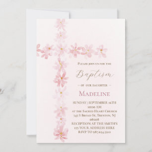 Baptism pink floral cross invitation
