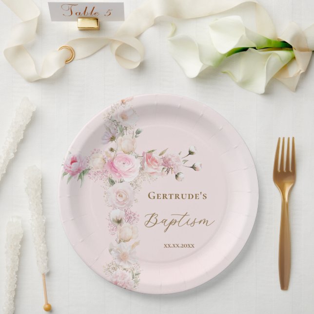 Baptism pink floral cross  paper plate (Wedding)