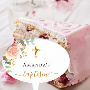 Baptism pink floral eucalyptus girl rose gold cake pick