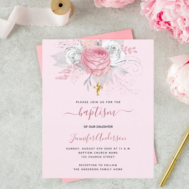 Baptism pink floral girl elegant white invitation (Creator Uploaded)