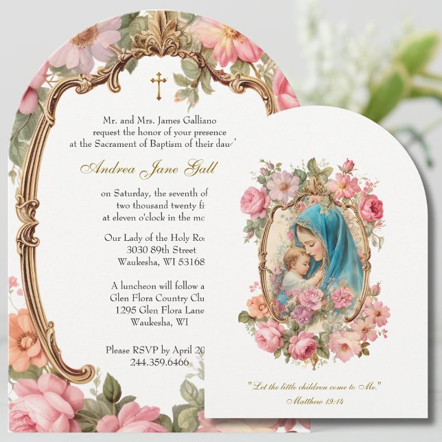 Baptism Pink Floral Mother Mary Jesus Gold  Invitation (Creator Uploaded)
