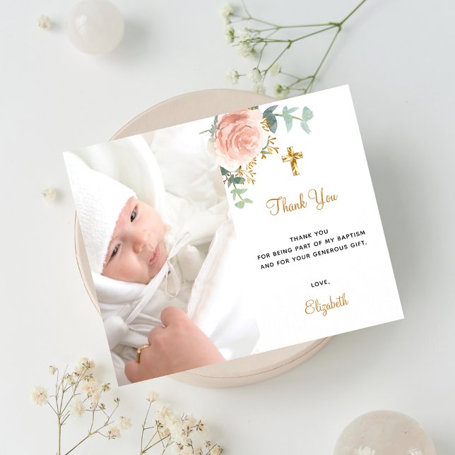 Baptism pink floral photo girl thank you card (Creator Uploaded)