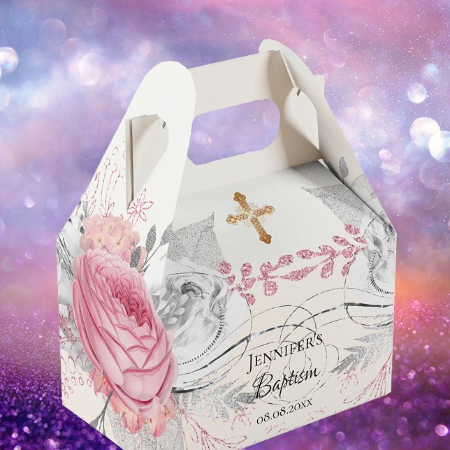 Baptism pink floral silver modern elegant cross favour box (Creator Uploaded)
