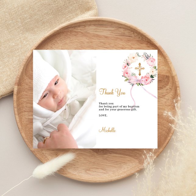 Baptism pink floral wreath photo thank you card (Creator Uploaded)