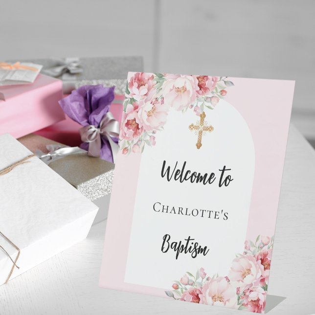 Baptism pink florals arch girl welcome pedestal sign (Creator Uploaded)