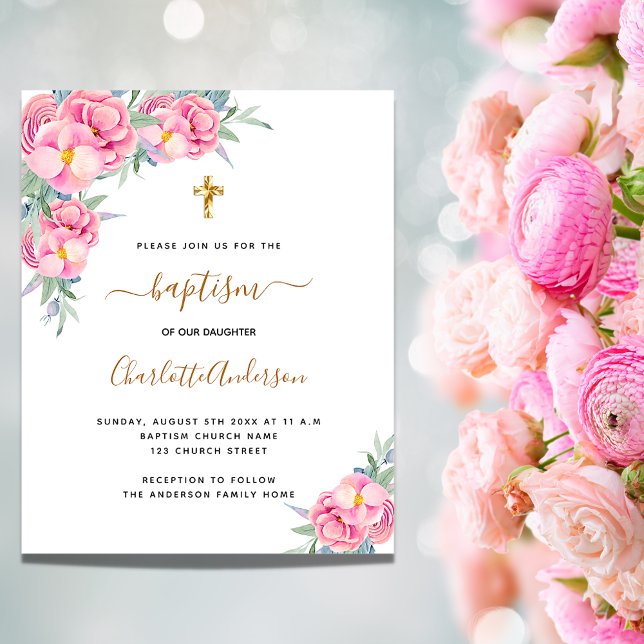 Baptism pink florals rose gold budget invitation flyer (Creator Uploaded)