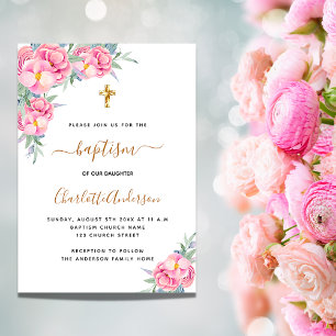 Baptism pink florals rose gold girl elegant invitation