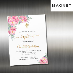 Baptism pink florals rose invitation magnet