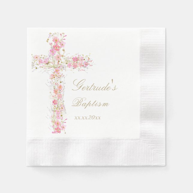 Baptism pink flowers cross baby girl  napkin (Front)