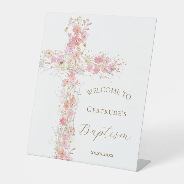 Baptism pink flowers cross welcome sign (Front)