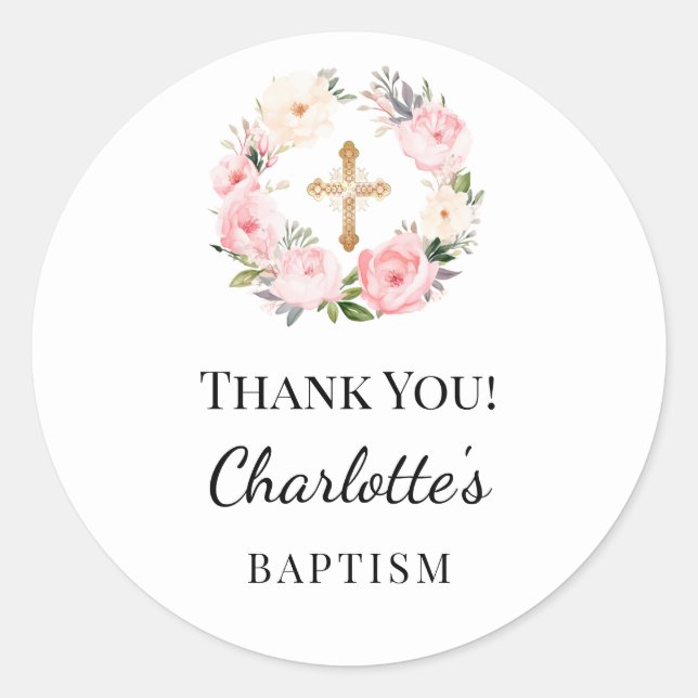 Baptism pink girl florals wreath cross thank you classic round sticker (Front)