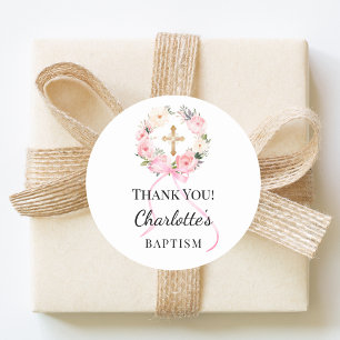 Baptism pink girl florals wreath cross thank you classic round sticker