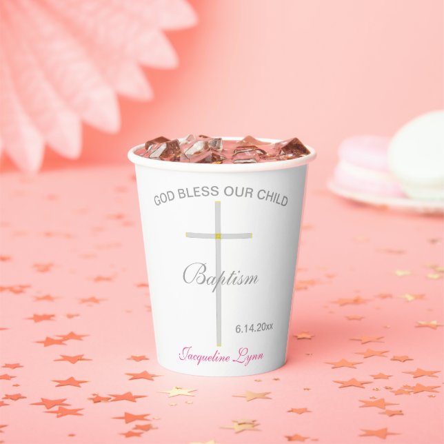 Baptism Pink Girl Name Silver Gold Cross Paper Cups (Insitu)