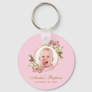 Baptism Pink Girl Photo Floral Orchids Gold Cross Key Ring