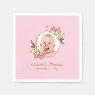 Baptism Pink Girl Photo Floral Orchids Gold Cross  Napkin