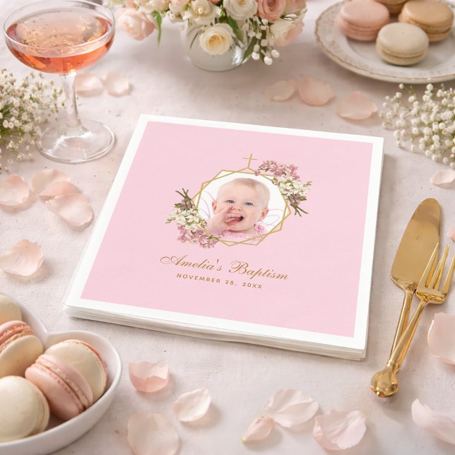 Baptism Pink Girl Photo Floral Orchids Gold Cross  Napkin (Creator Uploaded)