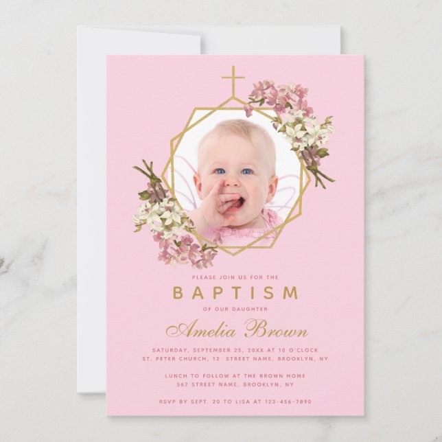 Baptism Pink Girl Photo Orchids Floral Geometric   Invitation (Front)